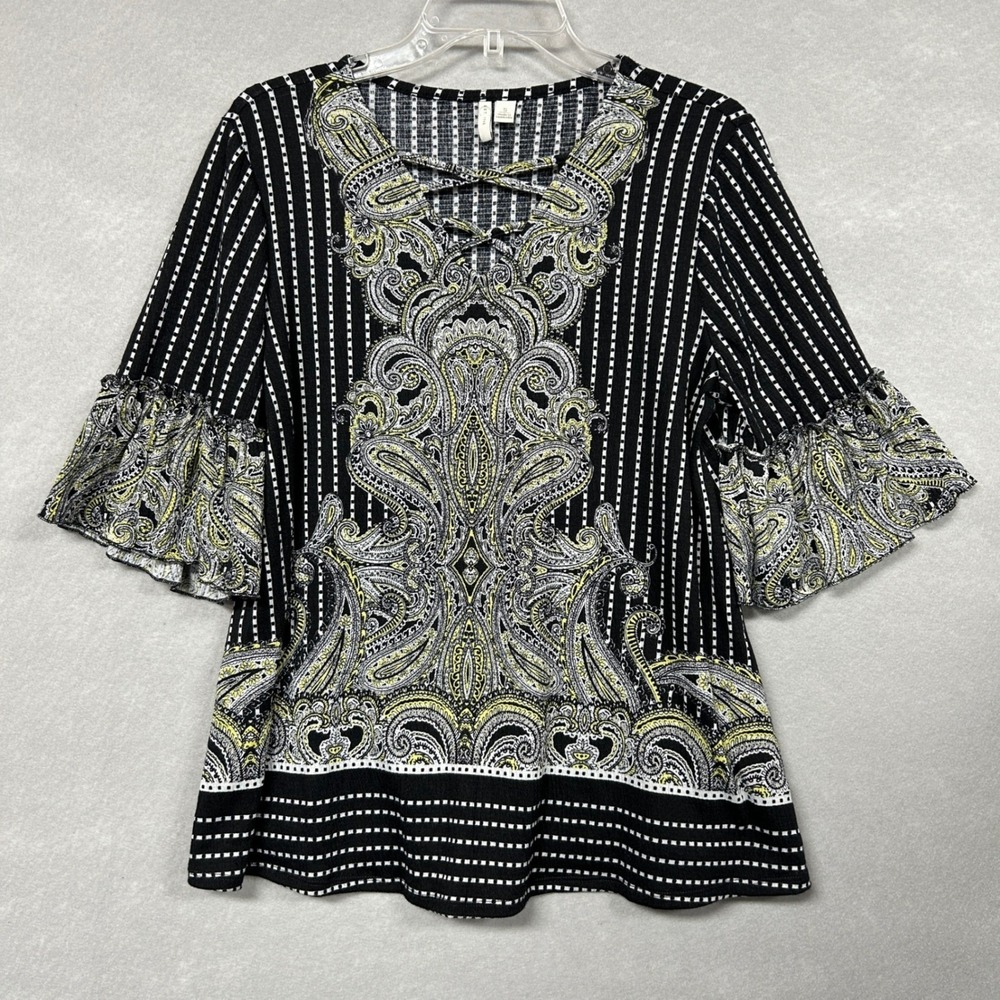 C est 1946 Women S Blouse Black Paisley 3/4 Bell Sleeve V-Neck Boho Hippie Top